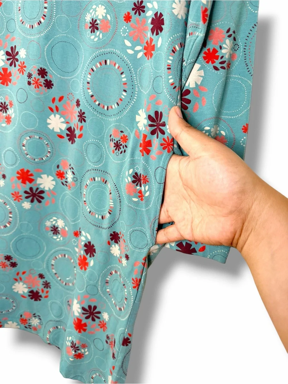 Gudrun Sjoden Teal Floral Artsy Swing Tunic Dress Lagenlook Organic Cotton Large - Picture 5 of 10